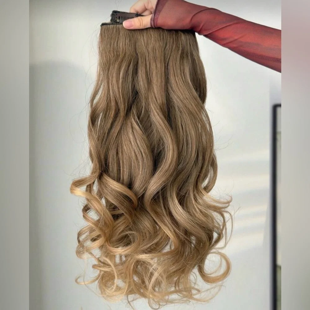 20” Human Hair Blend Clip-In Extensions – Wavy Natural Brown with Caramel Ombre